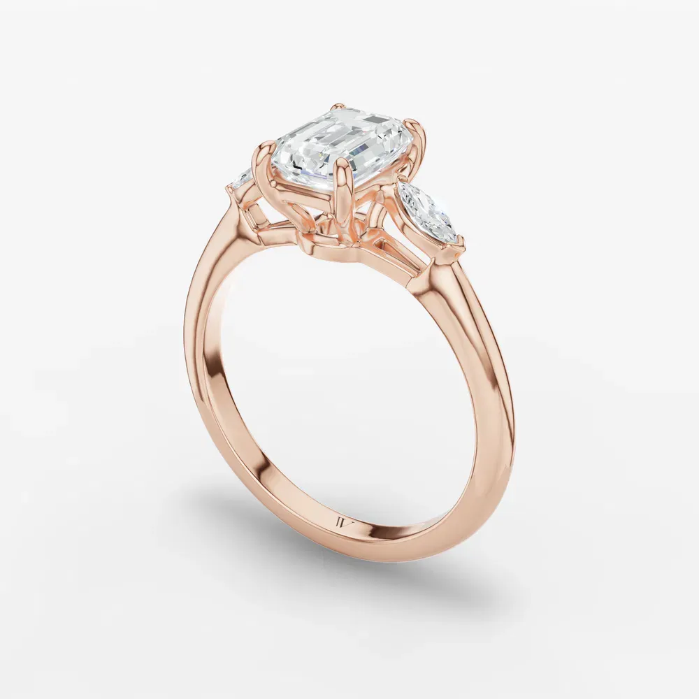 Certified 1 carat Lab Grown Diamond Emerald Cut Three Stone, Side Stone Engagement Ring in 14K Rose Gold-Glow