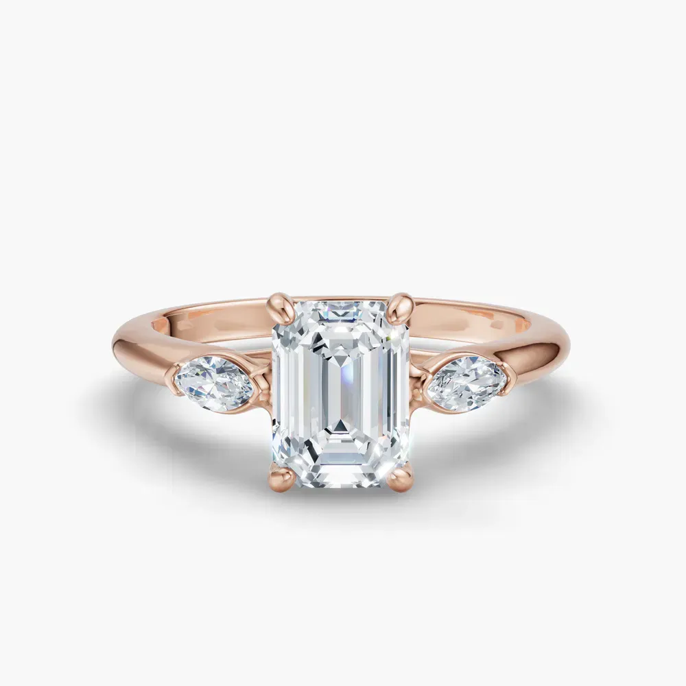 Certified 1 carat Lab Grown Diamond Emerald Cut Three Stone, Side Stone Engagement Ring in 14K Rose Gold-Glow