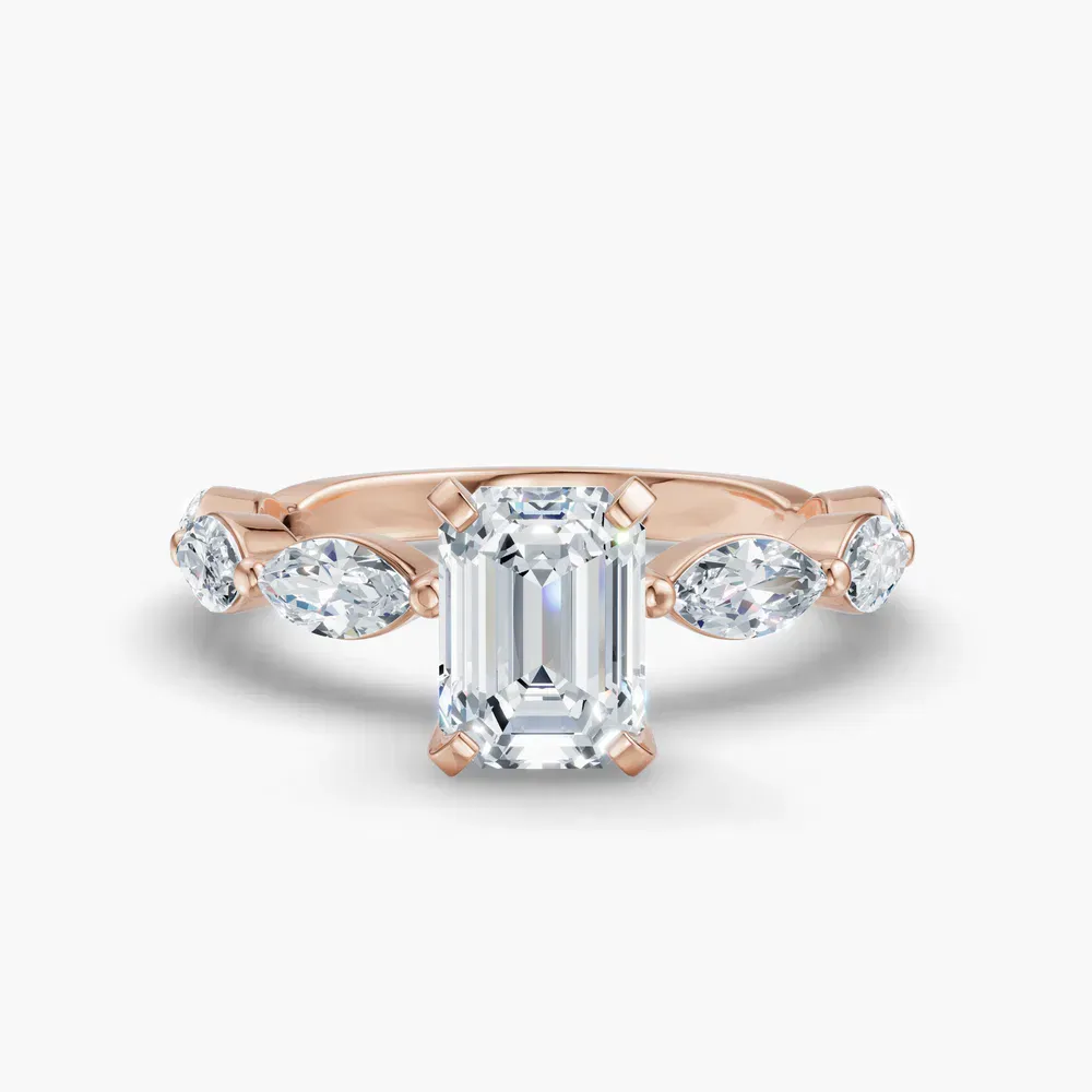 Certified 1 carat Lab Grown Diamond Emerald Cut Side Stone Engagement Ring in 14K Rose Gold-Trind