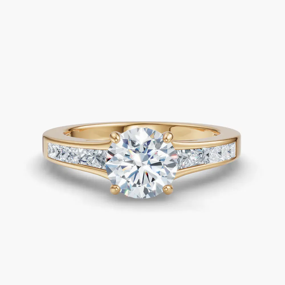 Certified 1 carat Lab Grown Diamond Round Cut Channel Set, Baguette, Cathedral Engagement Ring in 14K Yellow Gold-Gwynv