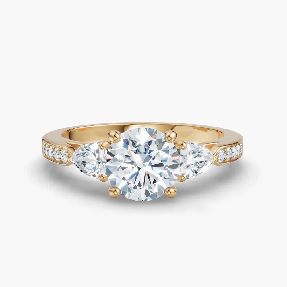 Certified 1 carat Lab Grown Diamond Round Cut Three Stone, Pavé, Four Prong Engagement Ring in 14K Yellow Gold-Zevd