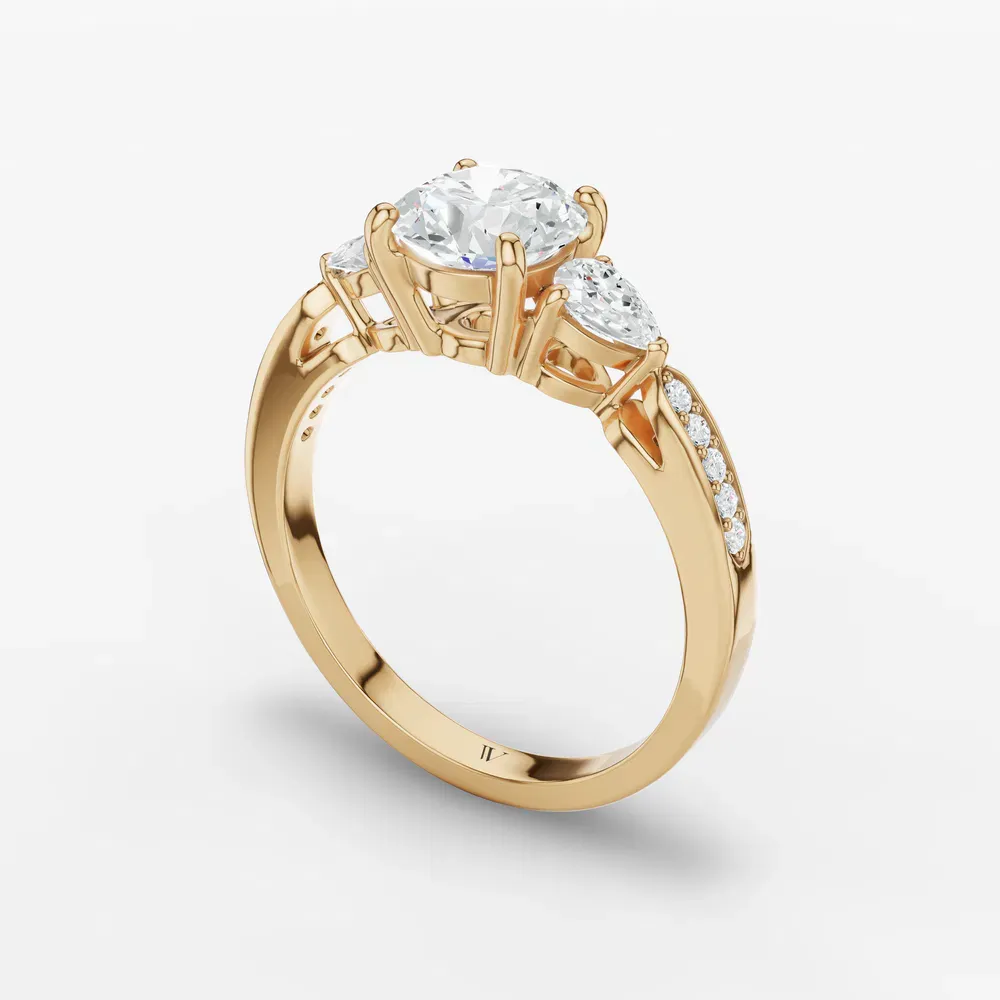 Certified 1 carat Lab Grown Diamond Round Cut Three Stone, Pavé, Four Prong Engagement Ring in 14K Yellow Gold-Zevd