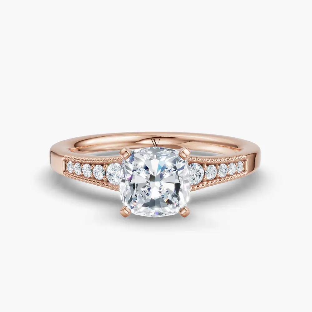 Certified 1 carat Lab Grown Diamond Cushion Cut Milgrain, Pavé, Side Stone Engagement Ring in 14K Rose Gold-Rosca