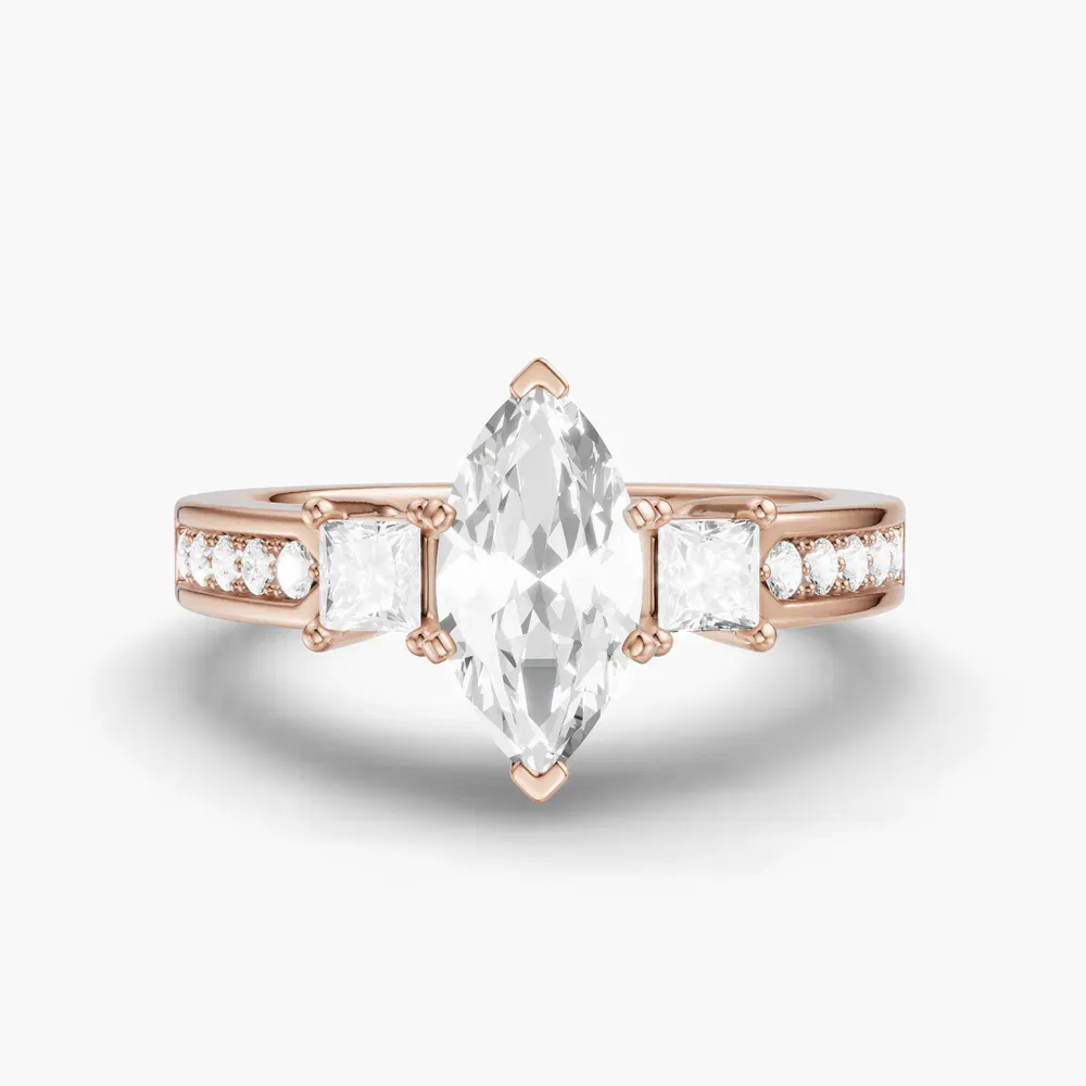 Certified 1 carat Lab Grown Diamond Marquise Cut Three Stone, Pavé, Channel Set Engagement Ring in 14K Rose Gold-Velis
