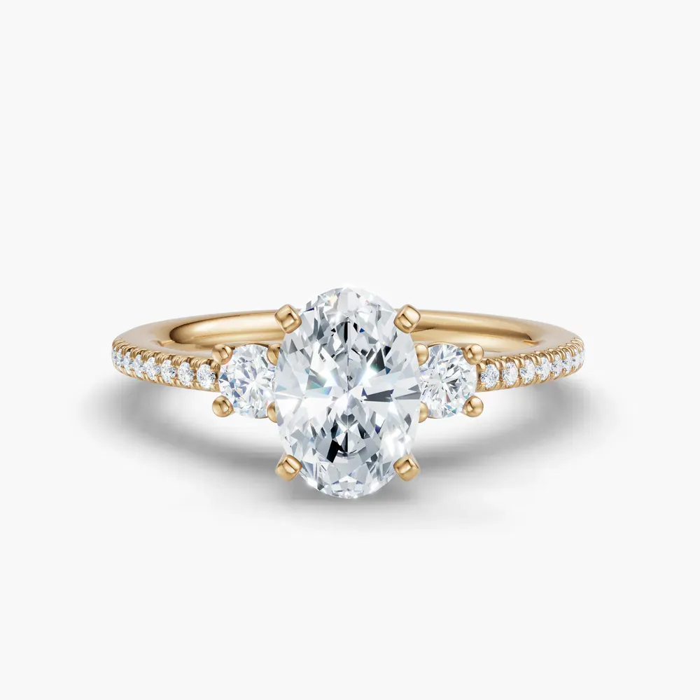Certified 1 carat Lab Grown Diamond Oval Cut Three Stone, Pavé, Side Stone Engagement Ring in 14K Yellow Gold-Vynix