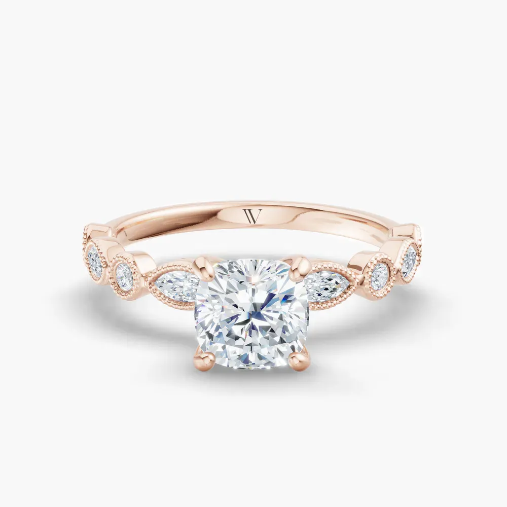 Certified 1 carat Lab Grown Diamond Cushion Cut Vintage, Milgrain, Side Stone Engagement Ring in 14K Rose Gold-Sior