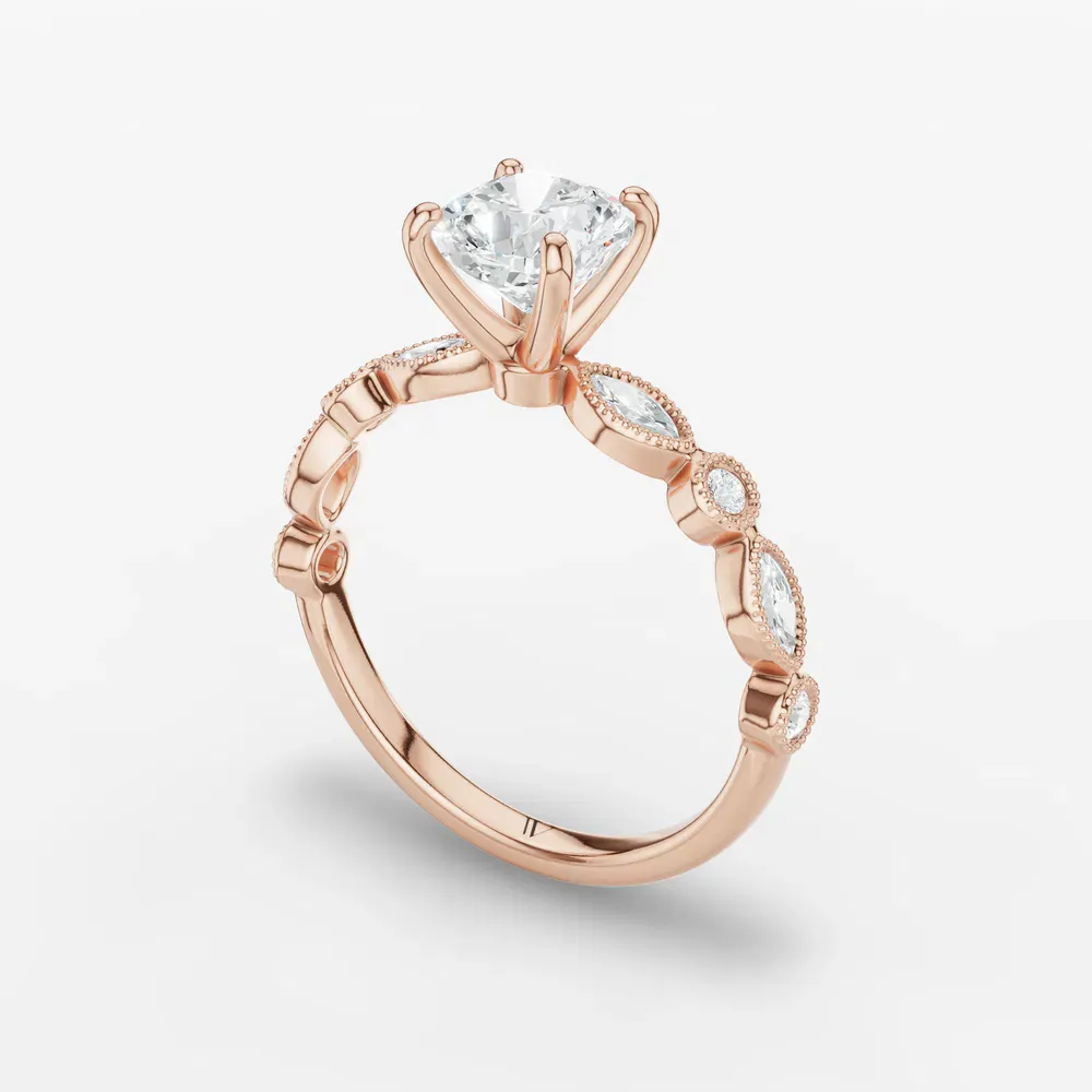 Certified 1 carat Lab Grown Diamond Cushion Cut Vintage, Milgrain, Side Stone Engagement Ring in 14K Rose Gold-Sior