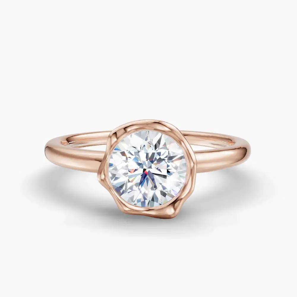 Certified 1 carat Lab Grown Diamond Round Cut Solitaire, Bezel, Nature inspired Engagement Ring in 14K Rose Gold-Corolla