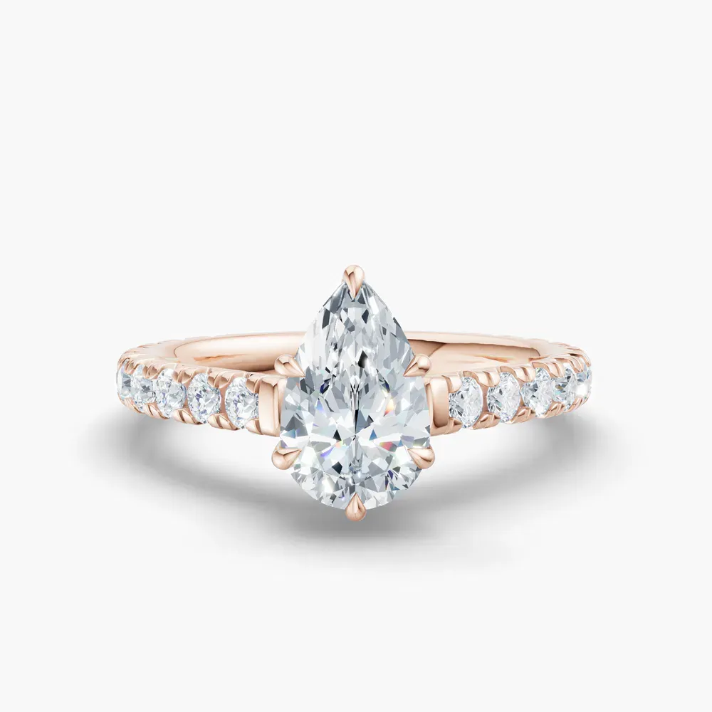 Certified 1 carat Lab Grown Diamond Pear Cut Pavé, Cathedral, Low profile Engagement Ring in 14K Rose Gold-Isuo