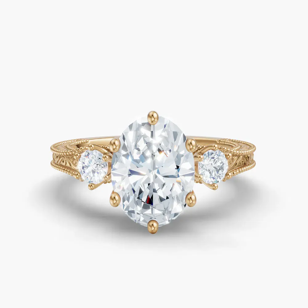 Certified 2 carat Lab Grown Diamond Oval Cut Three Stone, Unique, Milgrain Engagement Ring in 14K Yellow Gold-Zara