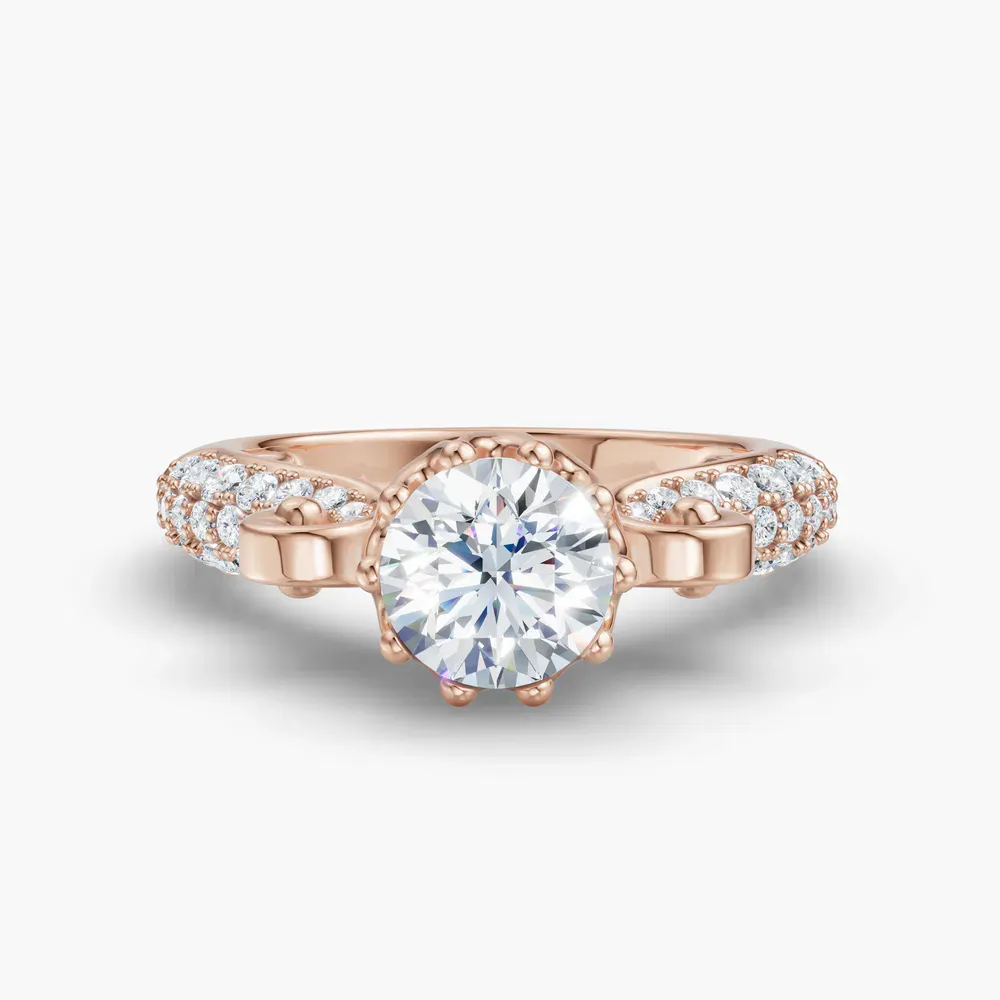 Certified 1 carat Lab Grown Diamond Round Cut Vintage, Unique, Pavé Engagement Ring in 14K Rose Gold-Mystic