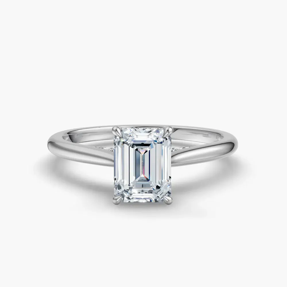 Certified 1 carat Lab Grown Diamond Emerald Cut Hidden Halo, Cathedral, Solitaire Engagement Ring in 14K White Gold-Wrenq