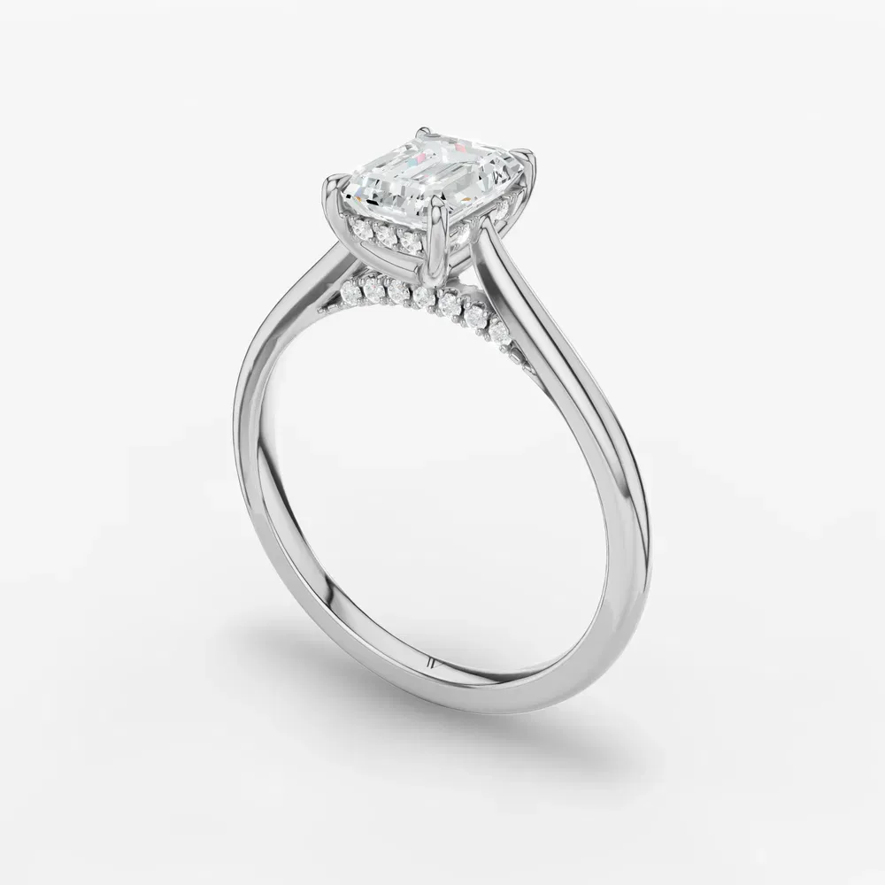 Certified 1 carat Lab Grown Diamond Emerald Cut Hidden Halo, Cathedral, Solitaire Engagement Ring in 14K White Gold-Wrenq