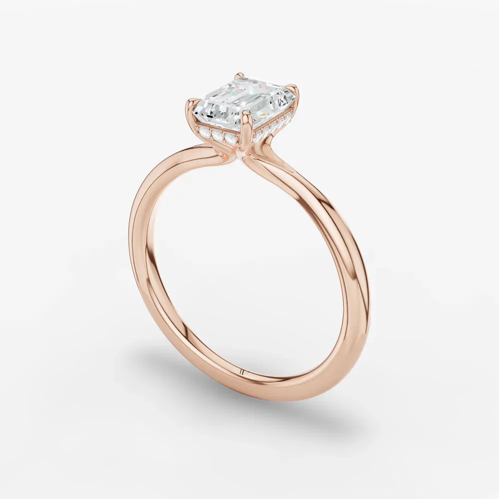 Certified 1 carat Lab Grown Diamond Emerald Cut Hidden Halo, Solitaire, Low profile Engagement Ring in 14K Rose Gold-Anomis