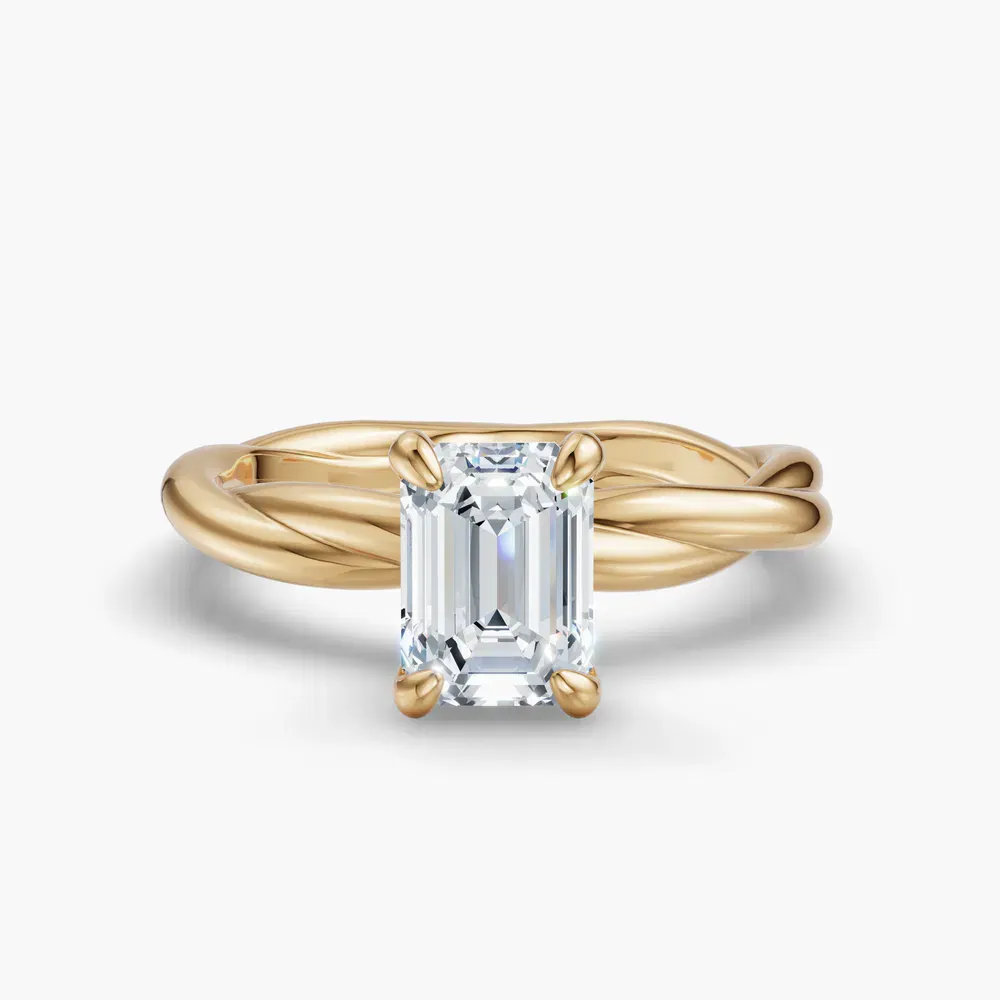 Certified 1 carat Lab Grown Diamond Emerald Cut Solitaire, Twist Engagement Ring in 14K Yellow Gold-Fyora