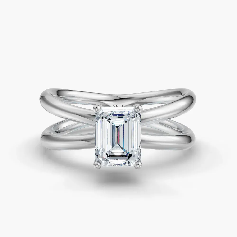 Certified 1 carat Lab Grown Diamond Emerald Cut Solitaire, Split Shank, Hidden Halo Engagement Ring in 14K White Gold-Ryn