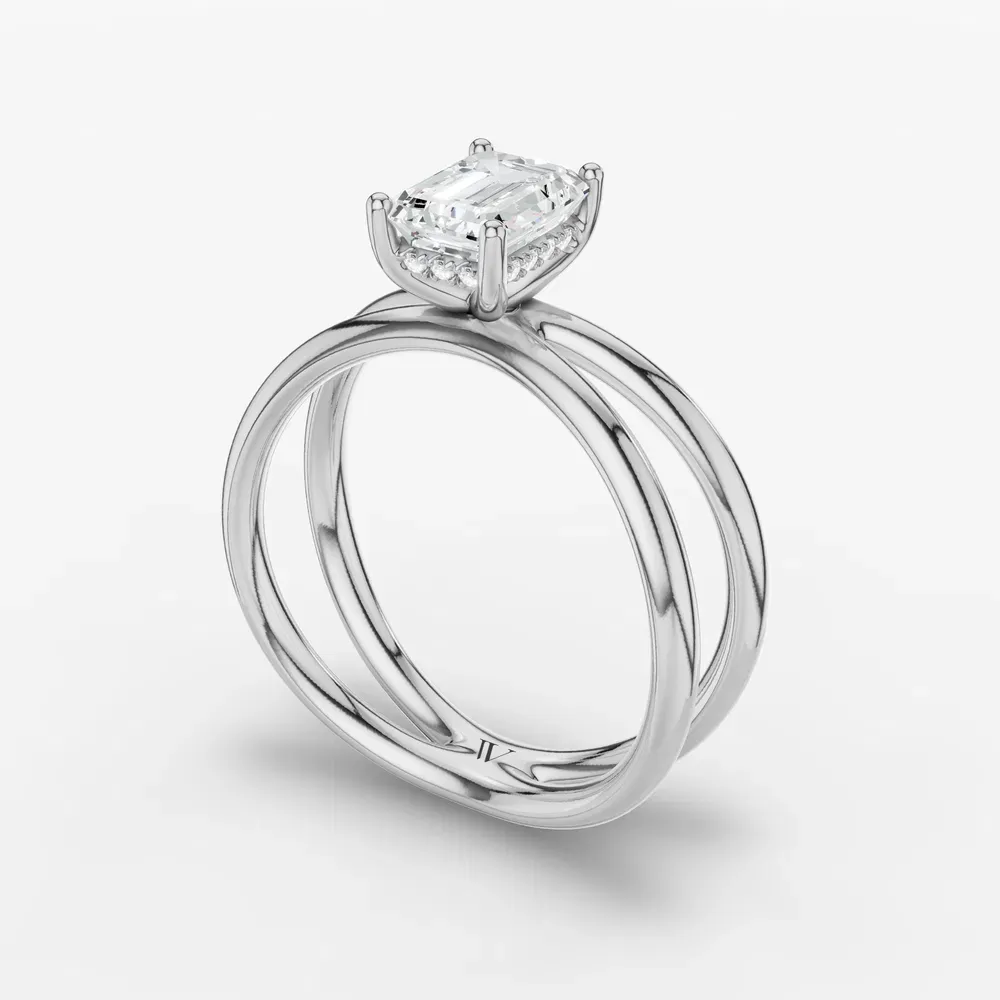 Certified 1 carat Lab Grown Diamond Emerald Cut Solitaire, Split Shank, Hidden Halo Engagement Ring in 14K White Gold-Ryn