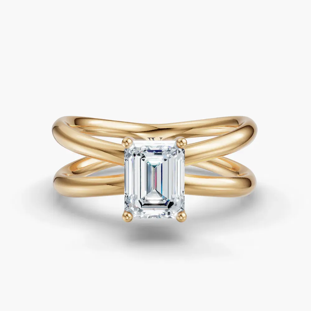 Certified 1 carat Lab Grown Diamond Emerald Cut Solitaire, Split Shank, Hidden Halo Engagement Ring in 14K Yellow Gold-Ryn