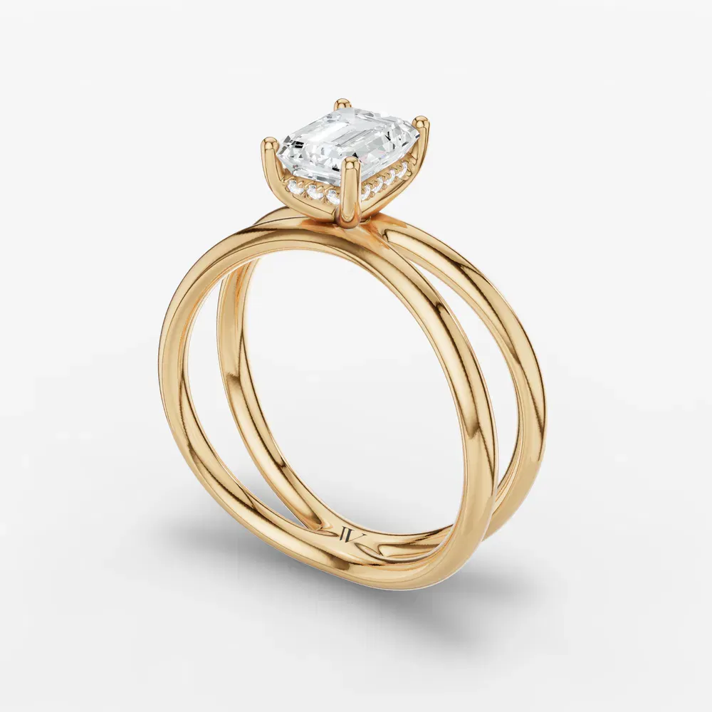 Certified 1 carat Lab Grown Diamond Emerald Cut Solitaire, Split Shank, Hidden Halo Engagement Ring in 14K Yellow Gold-Ryn