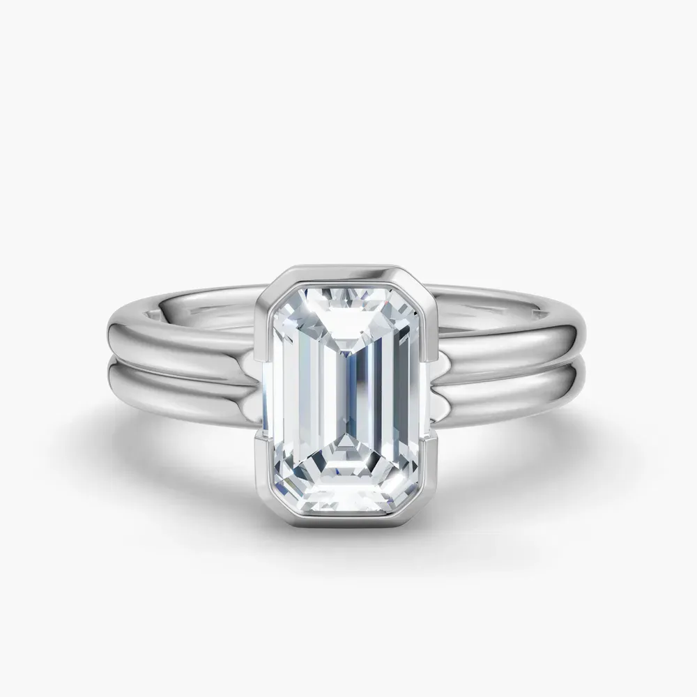 Certified 2 carat Lab Grown Diamond Emerald Cut Solitaire, Bezel, Modern Engagement Ring in 14K White Gold-Sena