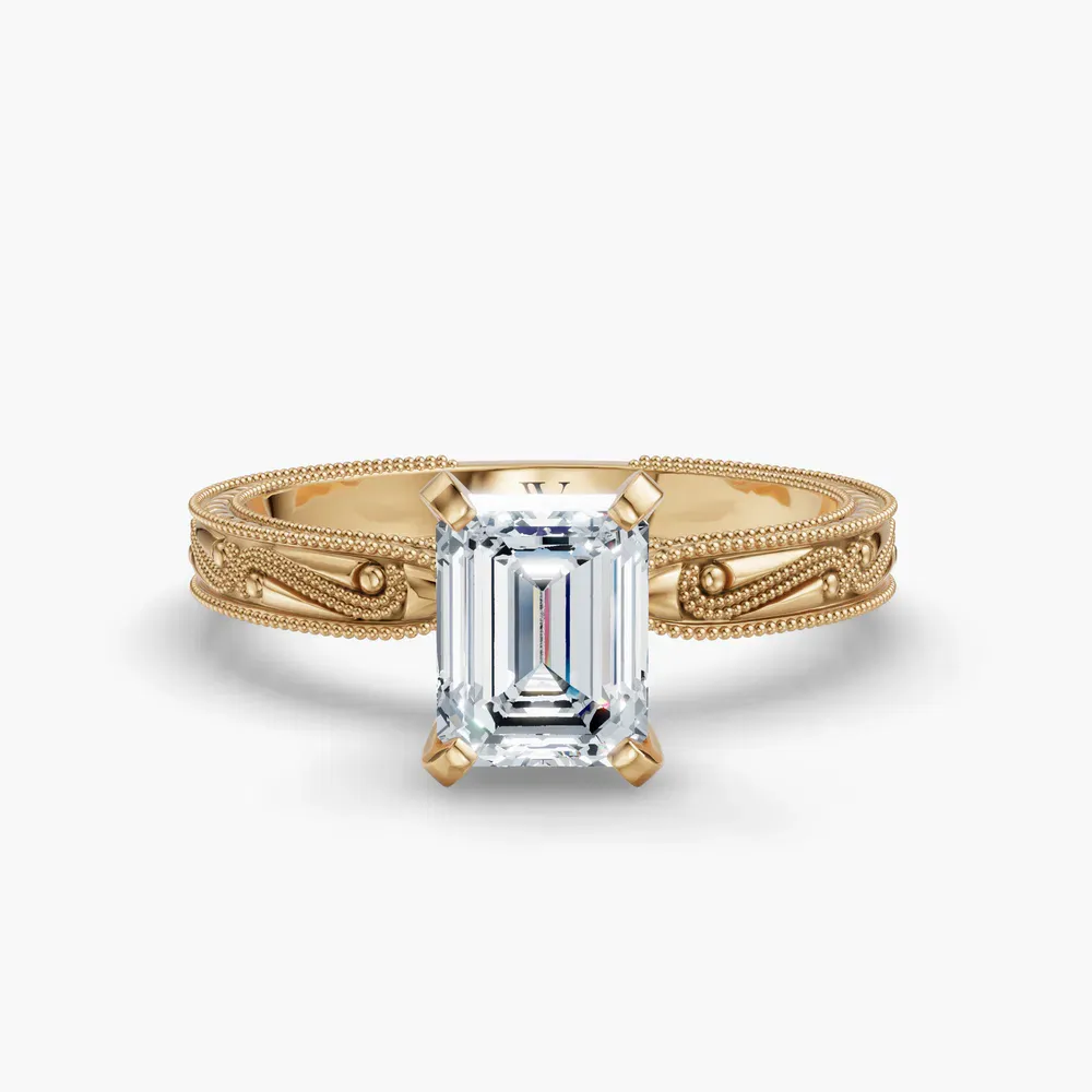 Certified 1 carat Lab Grown Diamond Emerald Cut Solitaire, Milgrain, Vintage Engagement Ring in 14K Yellow Gold-Lirae