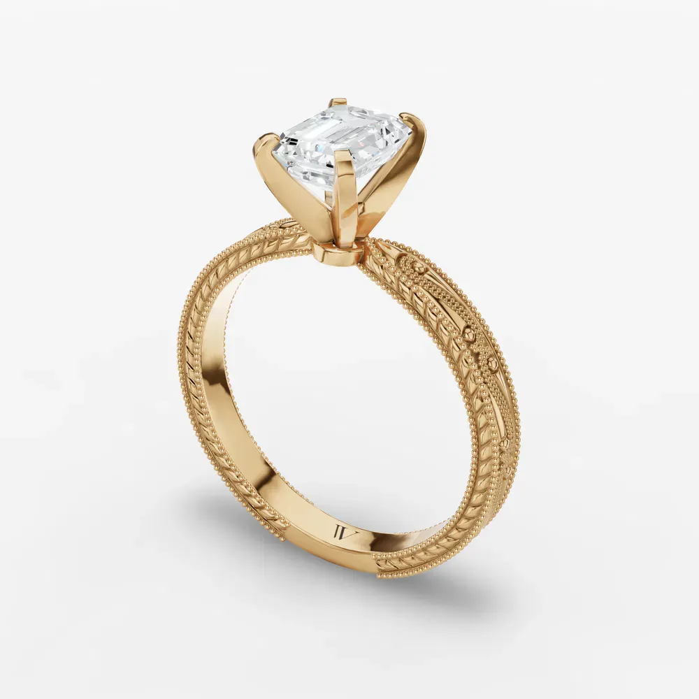 Certified 1 carat Lab Grown Diamond Emerald Cut Solitaire, Milgrain, Vintage Engagement Ring in 14K Yellow Gold-Lirae