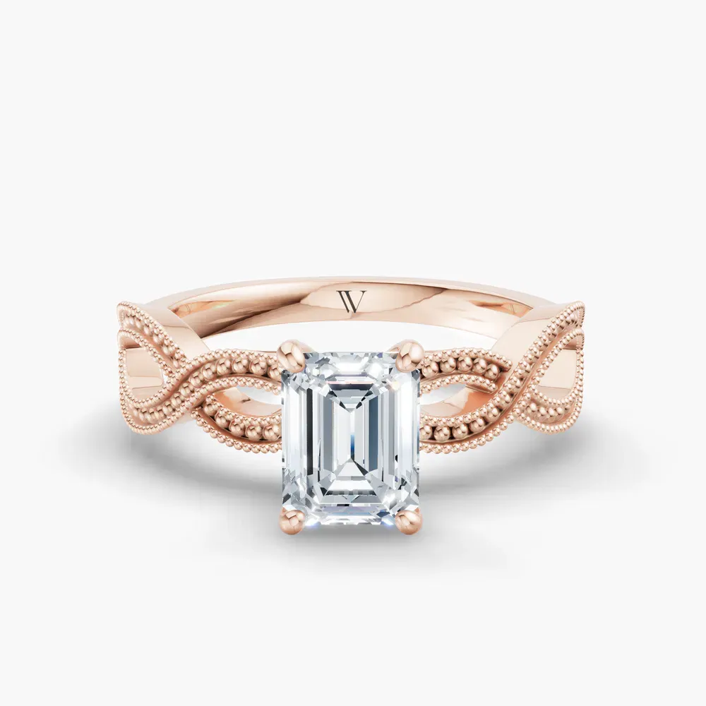 Certified 1 carat Lab Grown Diamond Emerald Cut Solitaire, Vintage, Unique Engagement Ring in 14K Rose Gold-Niva