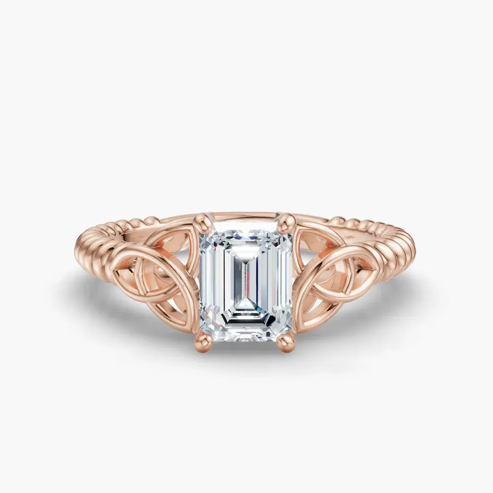 Certified 1 carat Lab Grown Diamond Emerald Cut Solitaire, Twist, Celtic Engagement Ring in 14K Rose Gold-Thalyn