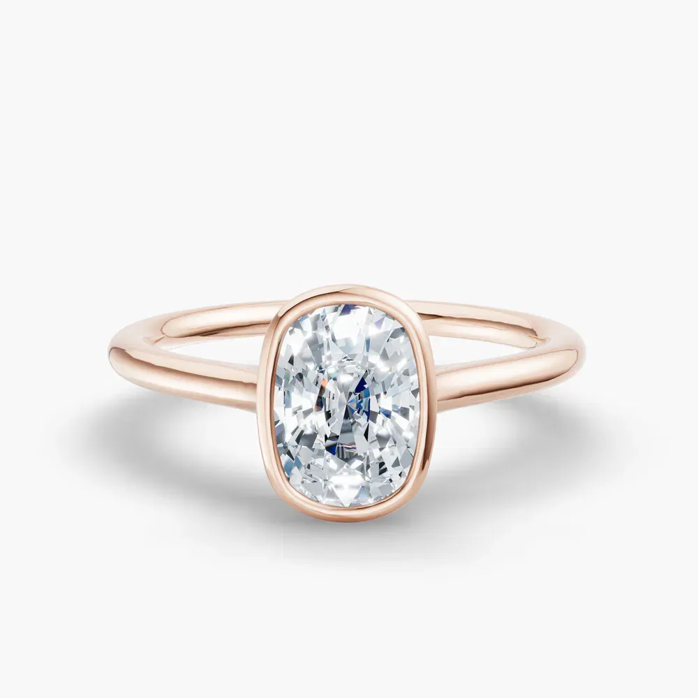 Certified 1 carat Lab Grown Diamond Elongated Cushion Cut Solitaire, Bezel, Cathedral Engagement Ring in 14K Rose Gold-Borvi