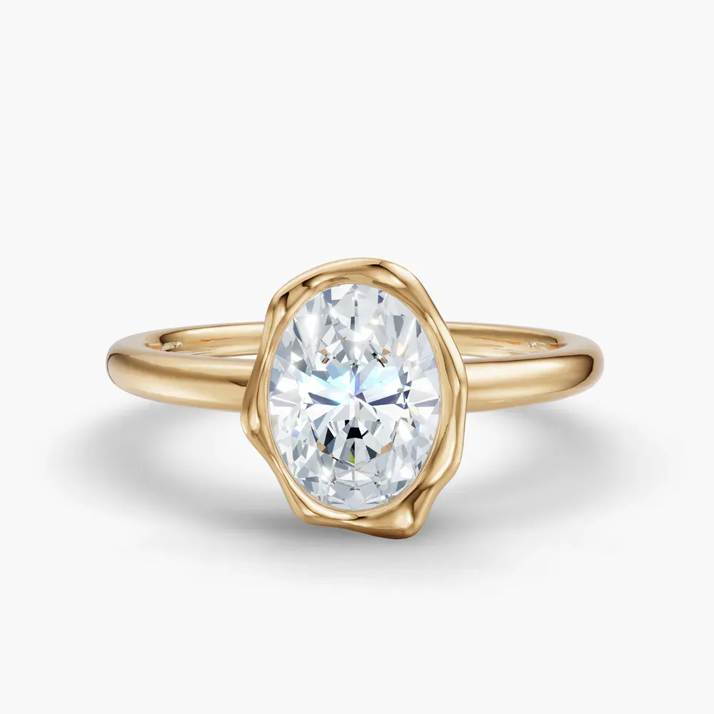 Certified 1 carat Lab Grown Diamond Oval Cut Solitaire, Bezel, Nature inspired Engagement Ring in 14K Yellow Gold-Corolla