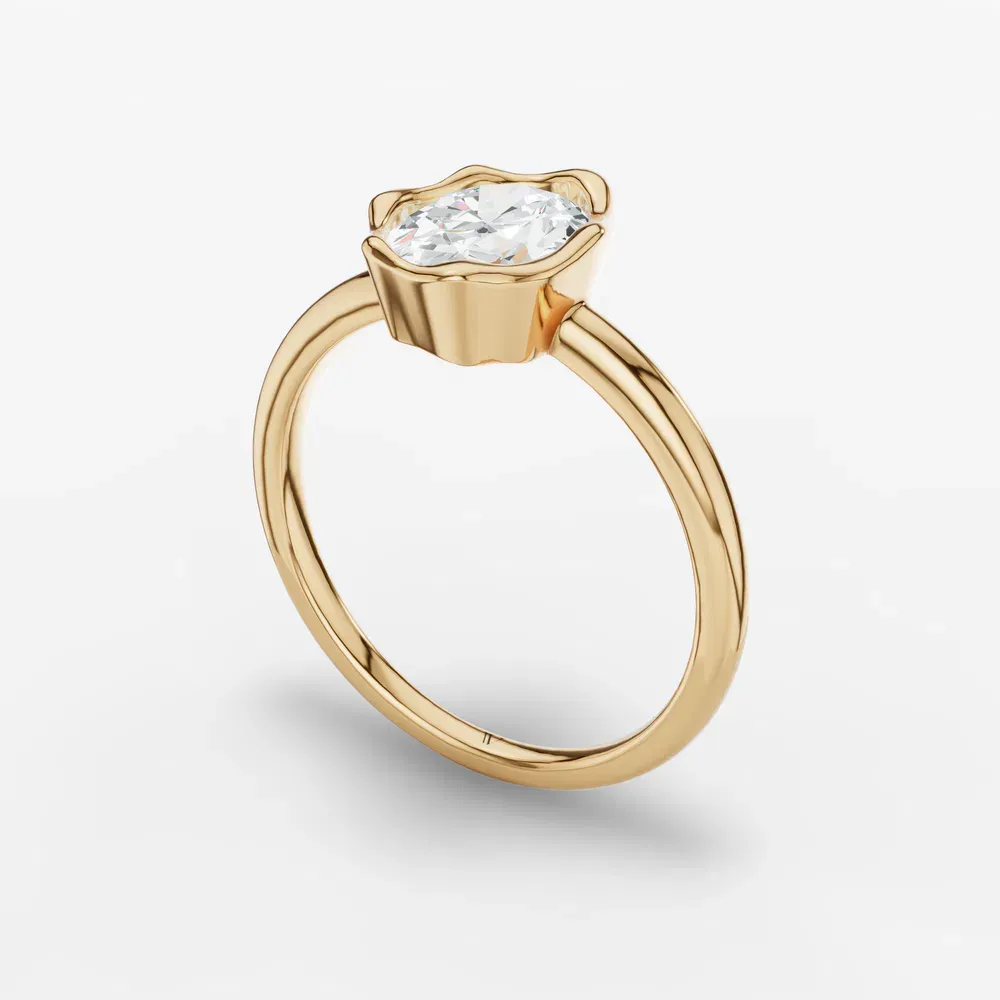 Certified 1 carat Lab Grown Diamond Oval Cut Solitaire, Bezel, Nature inspired Engagement Ring in 14K Yellow Gold-Corolla