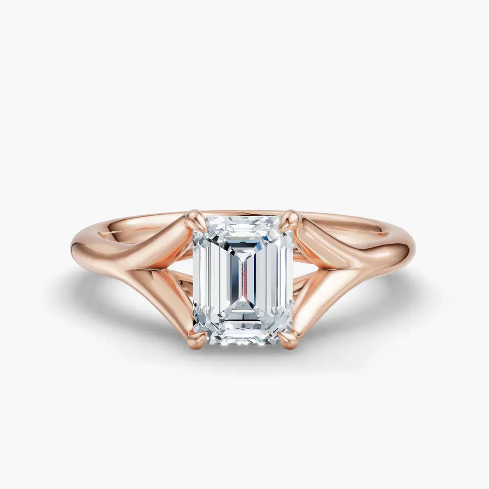 Certified 1 carat Lab Grown Diamond Emerald Cut Solitaire, Split Shank, Simple Engagement Ring in 14K Rose Gold-Zayfi