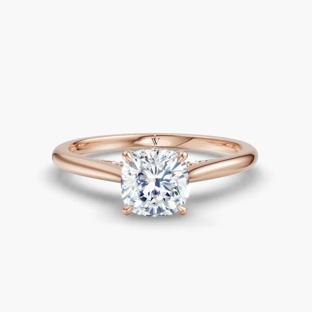 Certified 1 carat Lab Grown Diamond Cushion Cut Hidden Halo, Cathedral, Solitaire Engagement Ring in 14K Rose Gold-Wrenq