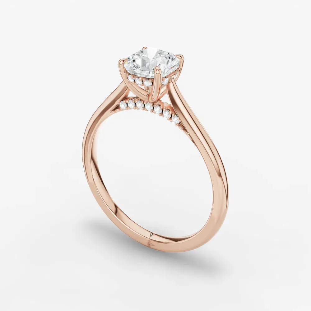 Certified 1 carat Lab Grown Diamond Cushion Cut Hidden Halo, Cathedral, Solitaire Engagement Ring in 14K Rose Gold-Wrenq