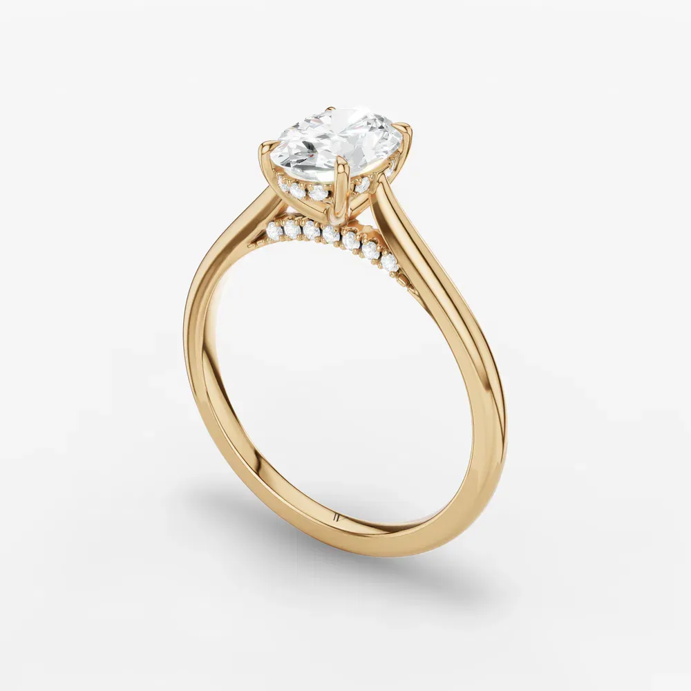 Certified 1 carat Lab Grown Diamond Oval Cut Hidden Halo, Cathedral, Solitaire Engagement Ring in 14K Yellow Gold-Wrenq
