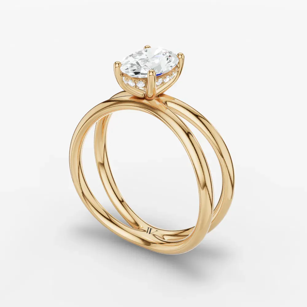 Certified 1 carat Lab Grown Diamond Oval Cut Solitaire, Split Shank, Hidden Halo Engagement Ring in 14K Yellow Gold-Ryn
