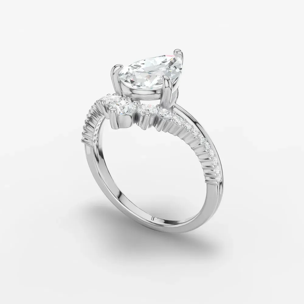 Certified 1.5 carat Lab Grown Diamond Pear Cut Unique, Split Shank, Side Stone Engagement Ring in 14K White Gold-Cascade