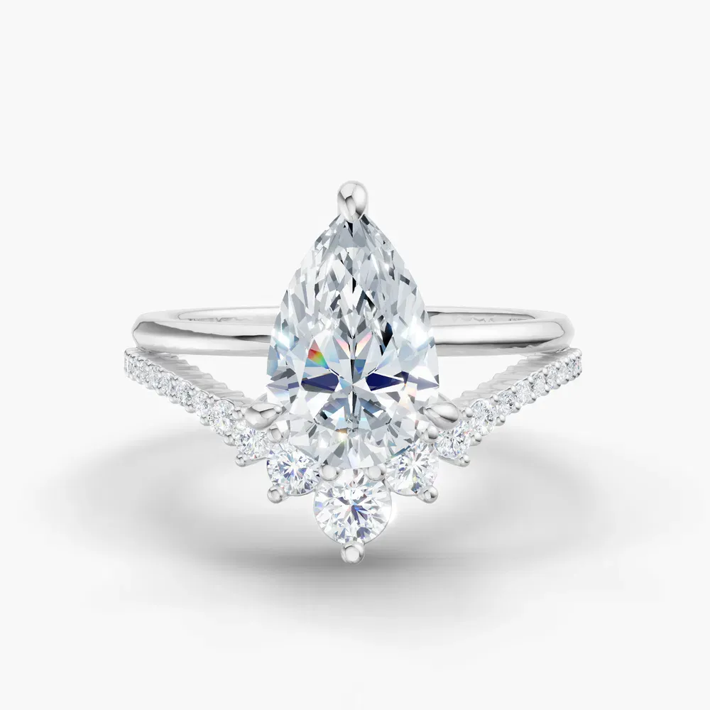 Certified 1.5 carat Lab Grown Diamond Pear Cut Unique, Split Shank, Side Stone Engagement Ring in 14K White Gold-Cascade