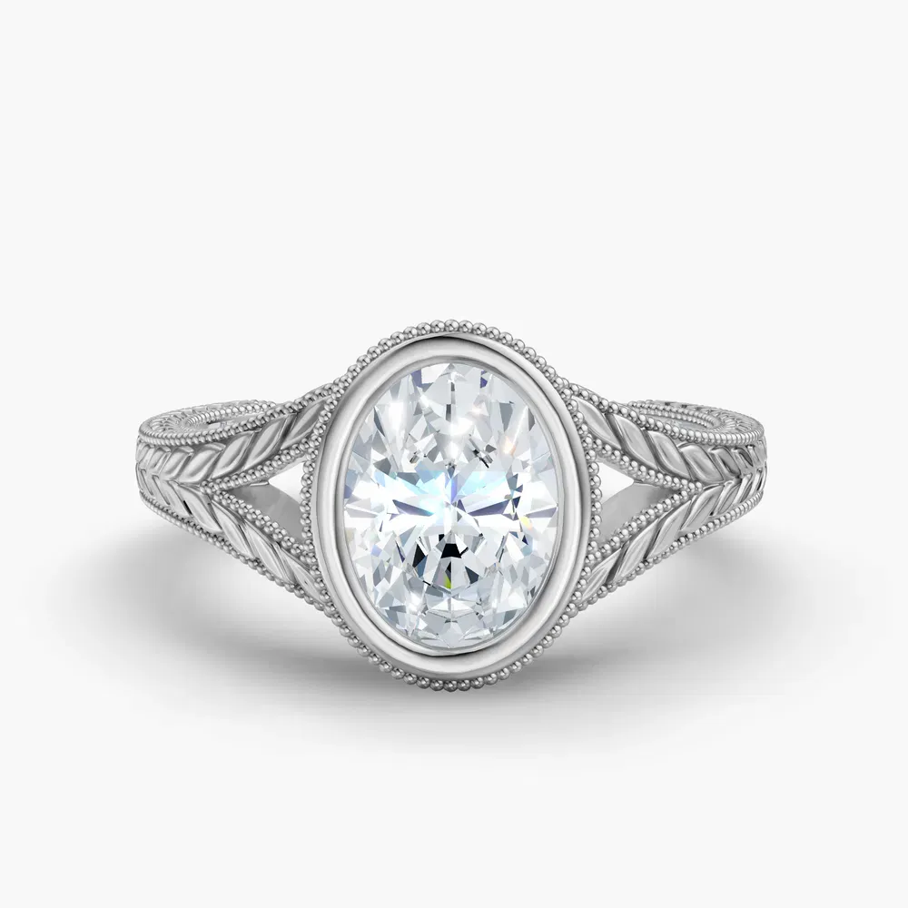 Certified 1 carat Lab Grown Diamond Oval Cut Vintage, Bezel, Nature inspired Engagement Ring in 14K White Gold-Harvest