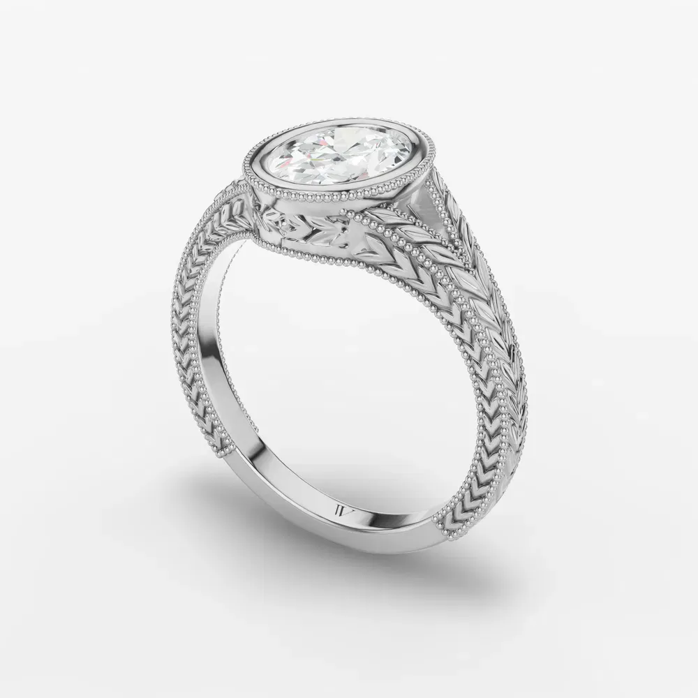 Certified 1 carat Lab Grown Diamond Oval Cut Vintage, Bezel, Nature inspired Engagement Ring in 14K White Gold-Harvest