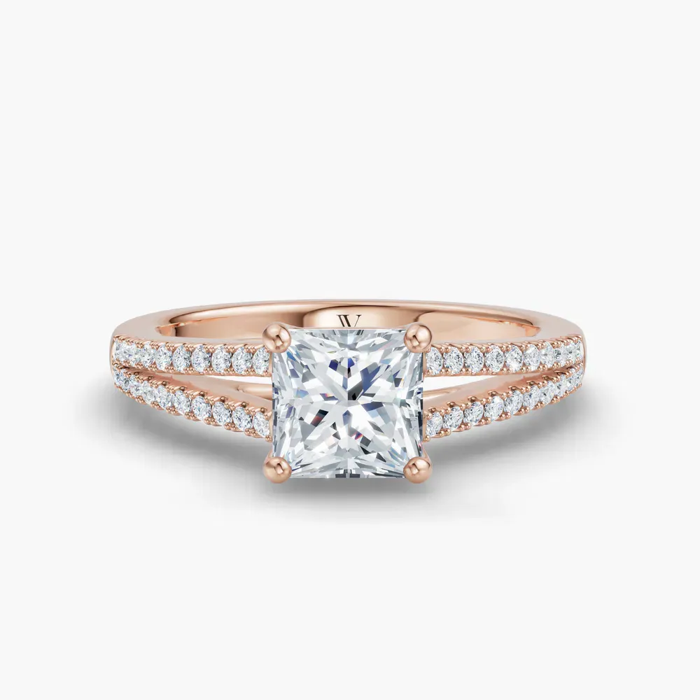Certified 1 carat Lab Grown Diamond Princess Cut Pavé, Cathedral, Split Shank Engagement Ring in 14K Rose Gold-Lumy