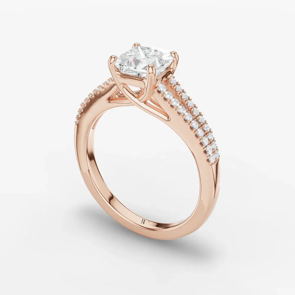 Certified 1 carat Lab Grown Diamond Princess Cut Pavé, Cathedral, Split Shank Engagement Ring in 14K Rose Gold-Lumy