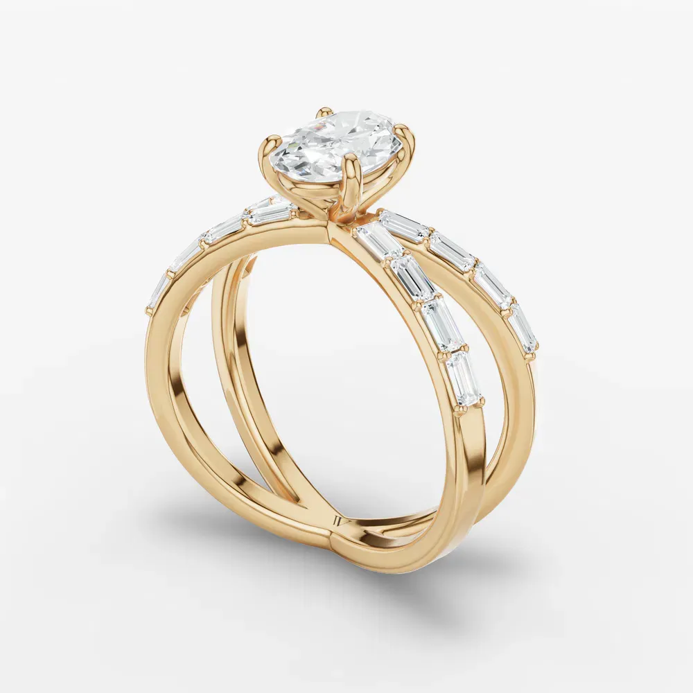 Certified 1 carat Lab Grown Diamond Oval Cut Baguette, Unique, Split Shank Engagement Ring in 14K Yellow Gold-Luminara