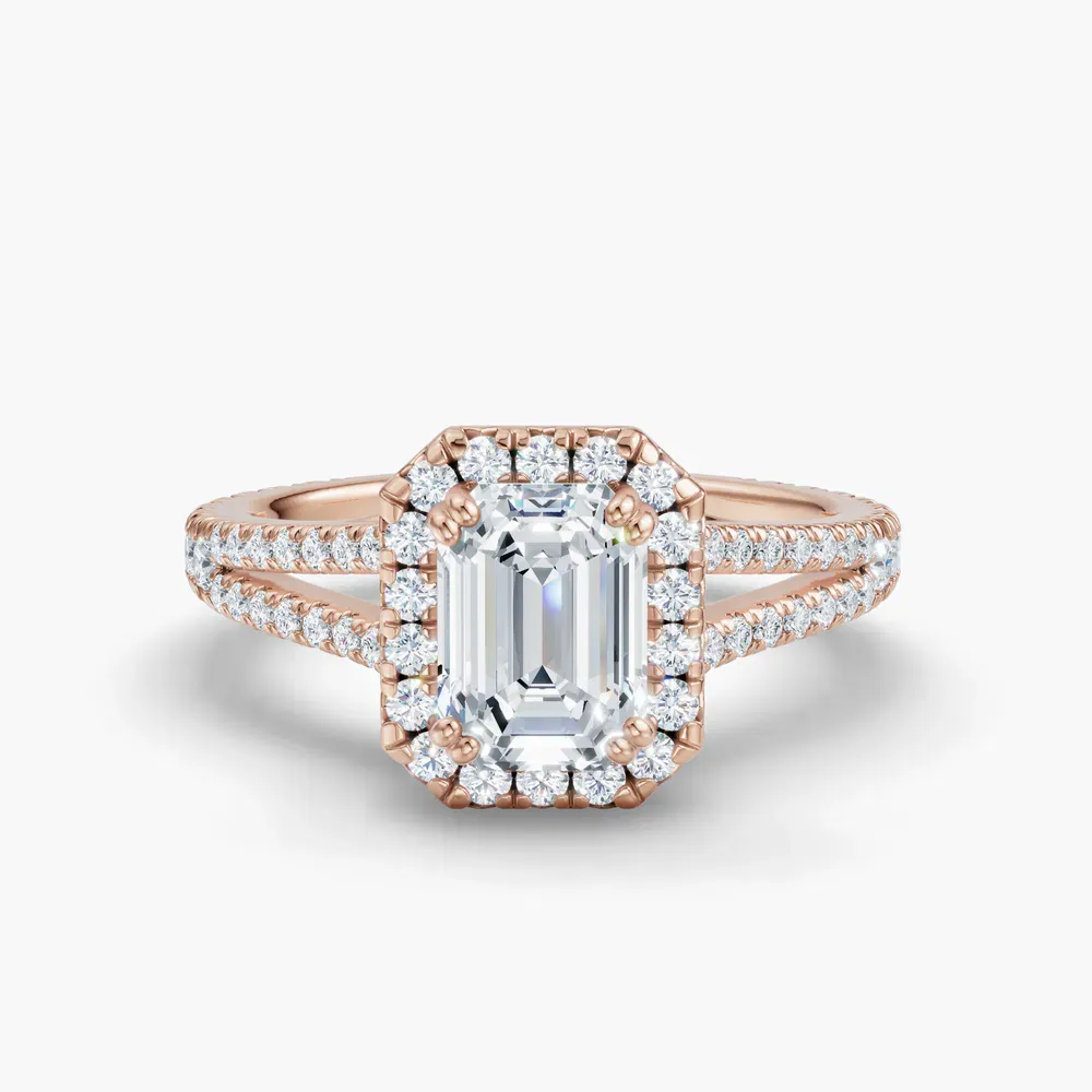 Certified 1 carat Lab Grown Diamond Emerald Cut Pavé, Halo, Cathedral Engagement Ring in 14K Rose Gold-Gexis