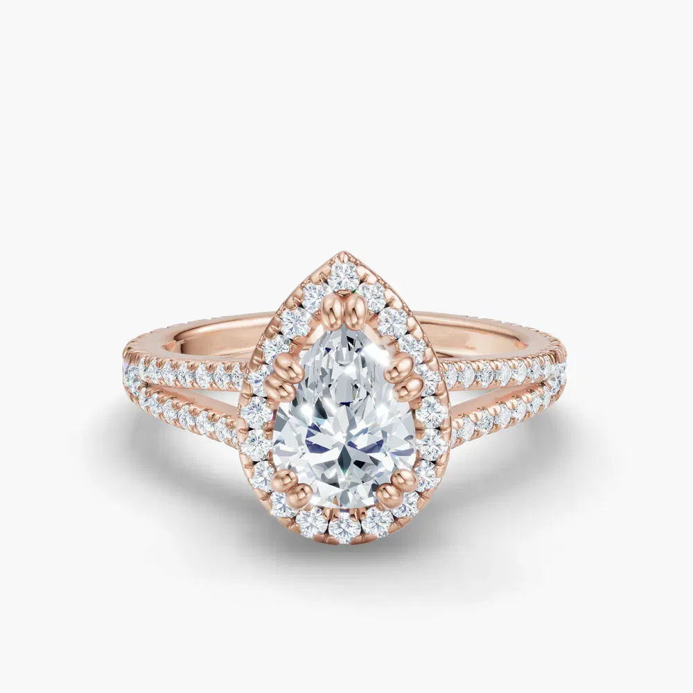 Certified 1 carat Lab Grown Diamond Pear Cut Pavé, Halo, Cathedral Engagement Ring in 14K Rose Gold-Gexis