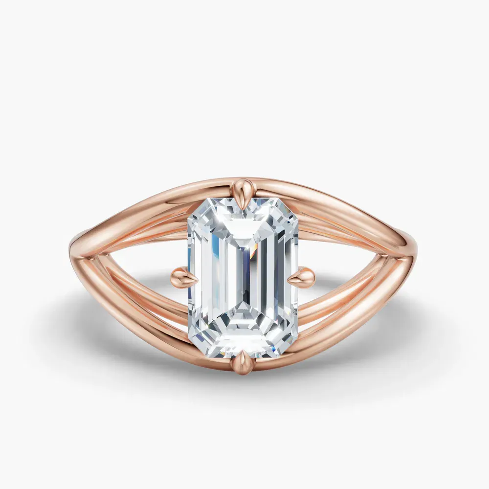 Certified 2 carat Lab Grown Diamond Emerald Cut Solitaire, Split Shank, Modern Engagement Ring in 14K Rose Gold-Kira