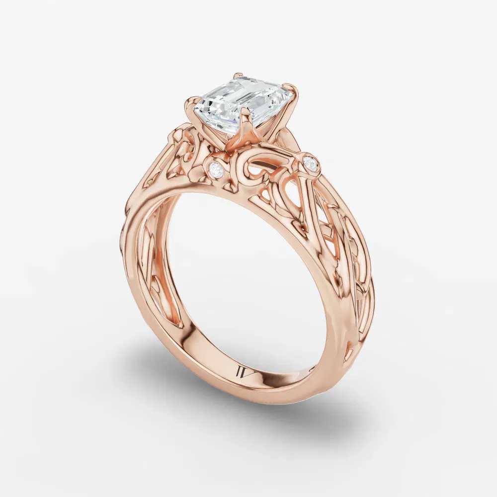 Certified 1 carat Lab Grown Diamond Emerald Cut Split Shank, Vintage, Twist Engagement Ring in 14K Rose Gold-Seren