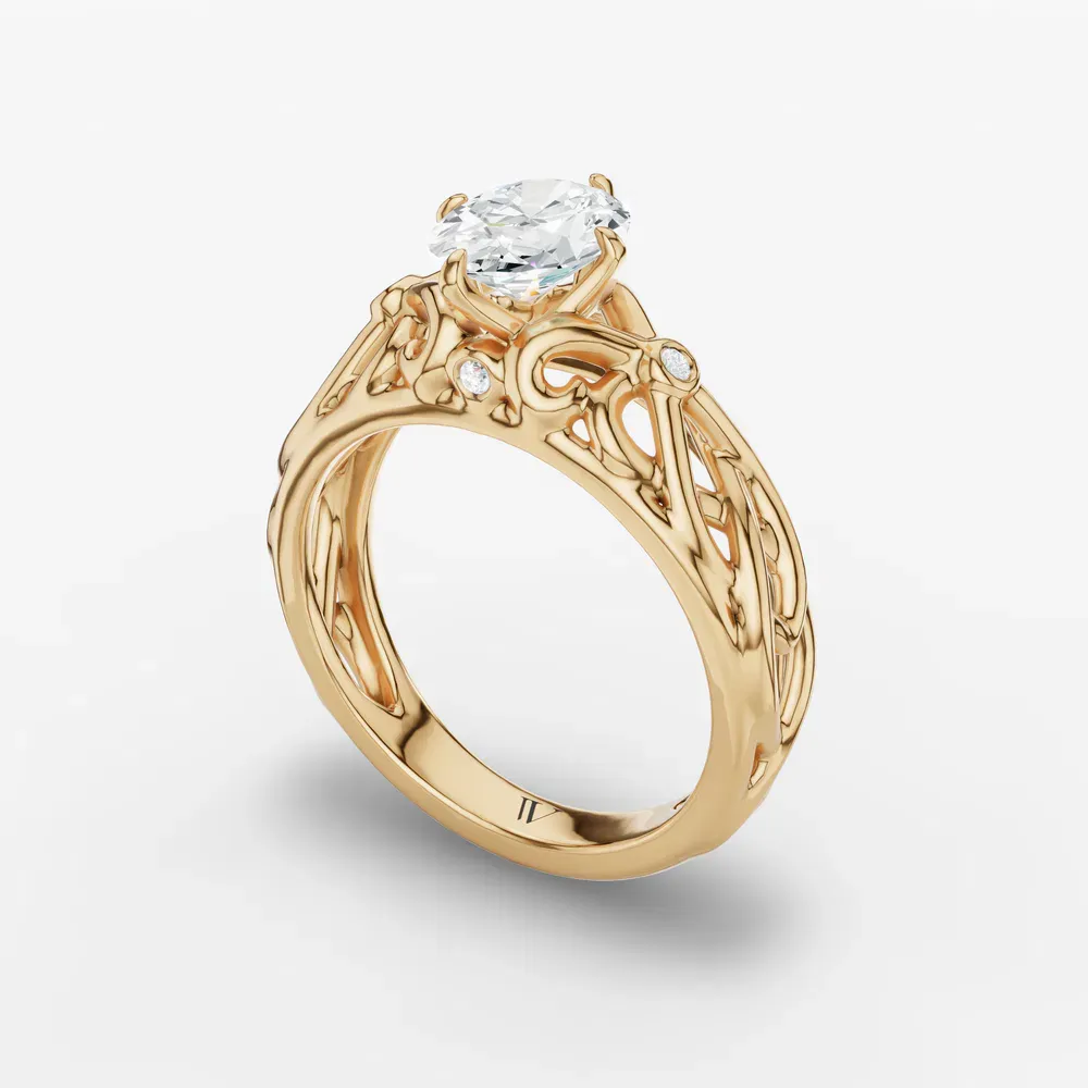 Certified 1 carat Lab Grown Diamond Oval Cut Split Shank, Vintage, Twist Engagement Ring in 14K Yellow Gold-Seren