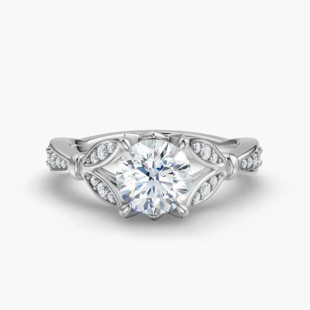 Certified 1 carat Lab Grown Diamond Round Cut Cathedral, Split Shank, Nature inspired Engagement Ring in 14K White Gold-Miran
