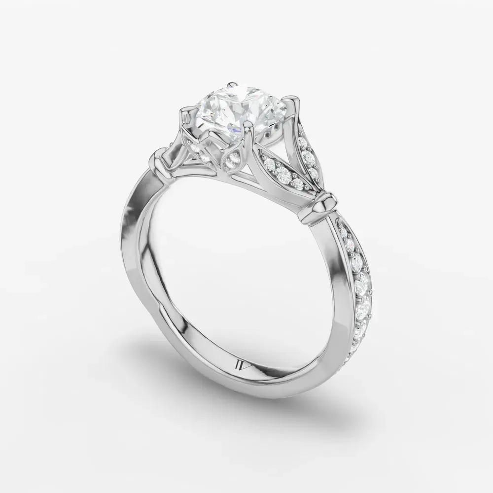 Certified 1 carat Lab Grown Diamond Round Cut Cathedral, Split Shank, Nature inspired Engagement Ring in 14K White Gold-Miran